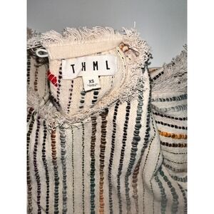 THML Womens XS Striped Fringe Flutter Sleeve Boho Top Cream Multi SRT0481-NT